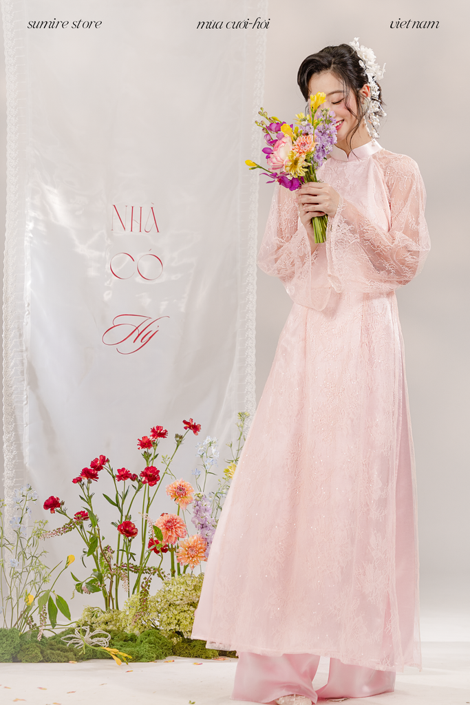 Áo dài dáng ôm ren kim sa Phúc Thiên Hương - Hồng nhạt