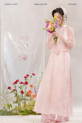 Áo dài dáng ôm ren kim sa Phúc Thiên Hương - Hồng nhạt