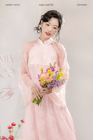 Áo dài dáng ôm ren kim sa Phúc Thiên Hương - Hồng nhạt