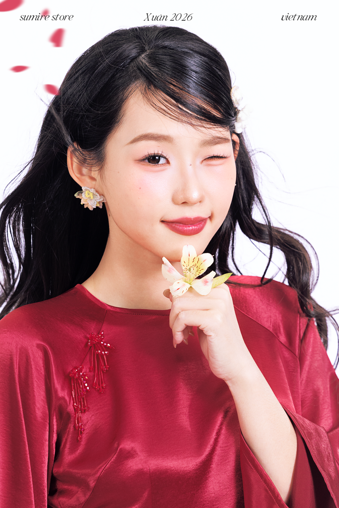 Áo dài cổ tròn Điểm Xuân - Đỏ