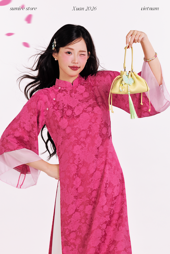 Áo dài gấm dáng suôn Yên Vân - Hồng sen