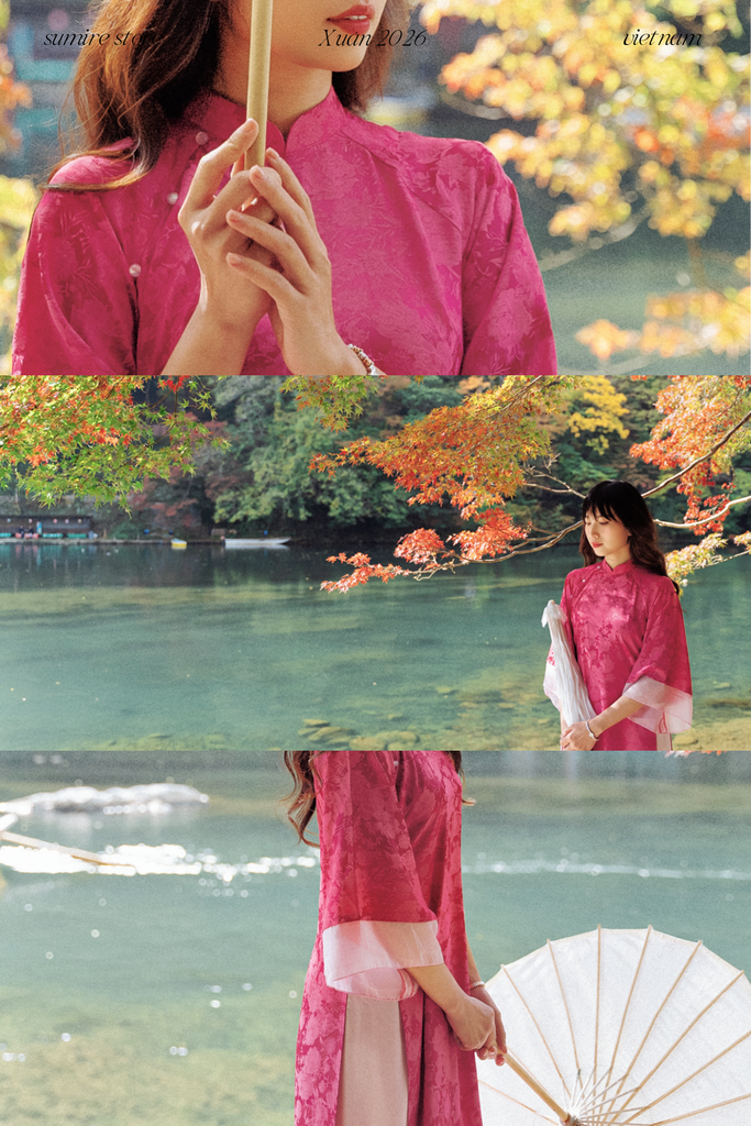 Áo dài gấm dáng suôn Yên Vân - Hồng sen