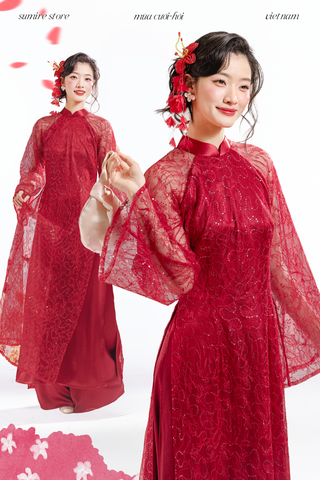 Áo dài dáng ôm ren kim sa Phúc Thiên Hương - Đỏ