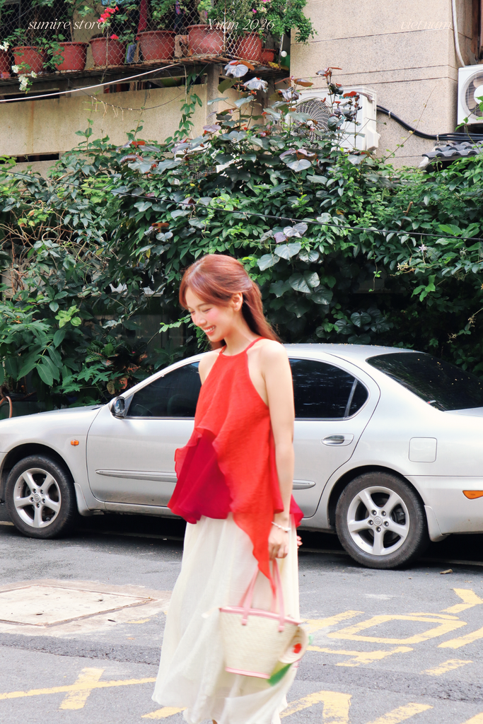 Áo yếm tơ nhũ Trà lụa - Đỏ