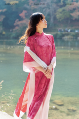 Áo dài gấm dáng suôn Yên Vân - Hồng sen