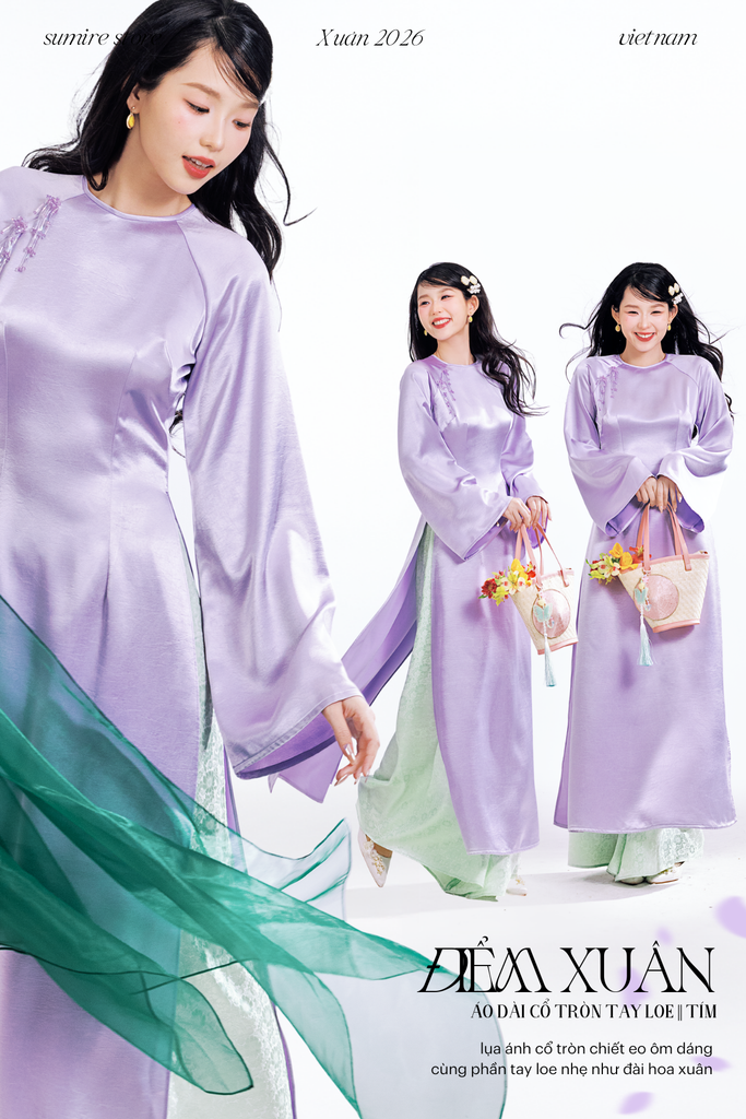 Áo dài cổ tròn Điểm Xuân - Tím