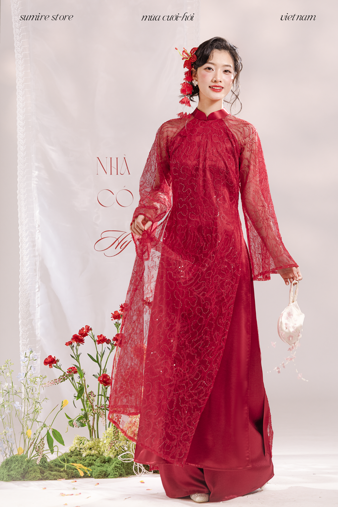Áo dài dáng ôm ren kim sa Phúc Thiên Hương - Đỏ