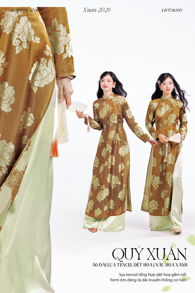 Áo dài Truyền thống Quý Xuân - Nâu hoa xanh