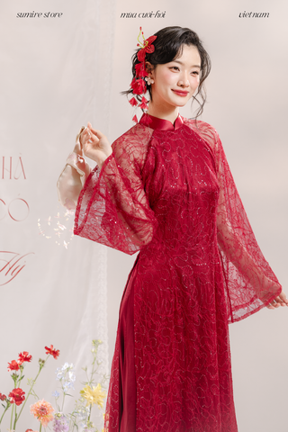 Áo dài dáng ôm ren kim sa Phúc Thiên Hương - Đỏ