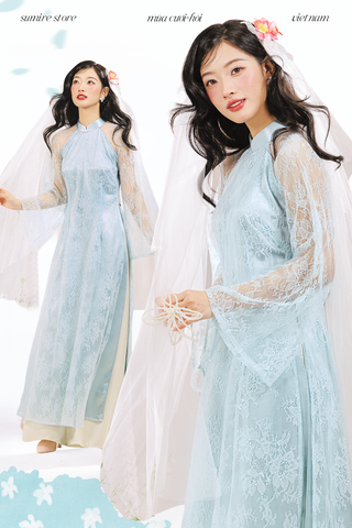 Áo dài dáng ôm ren kim sa Phúc Thiên Hương - Xanh lơ nhạt
