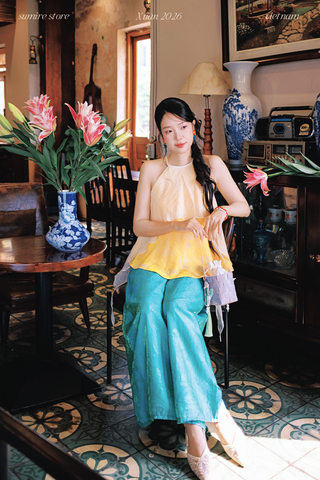Áo yếm tơ nhũ Trà lụa - Vàng nắng