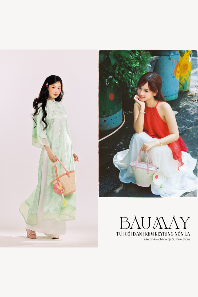 Túi cói Bàu Mây - Kèm keyring nón lá và tua rua hồ điệp