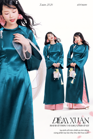 Áo dài cổ tròn Điểm Xuân - Xanh cổ vịt