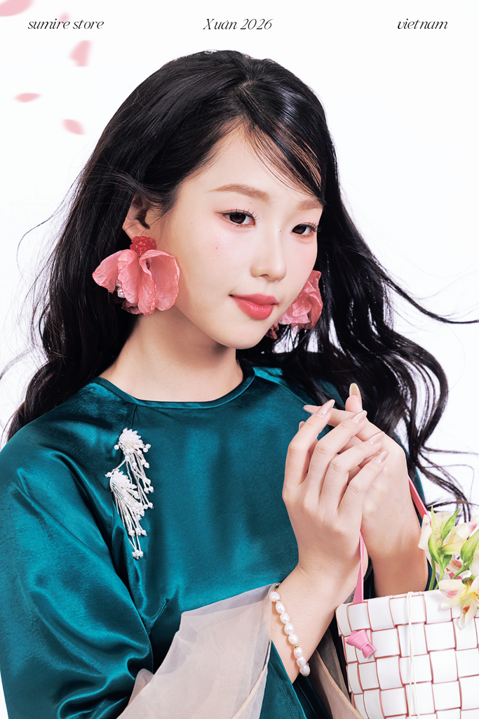 Áo dài cổ tròn Điểm Xuân - Xanh cổ vịt