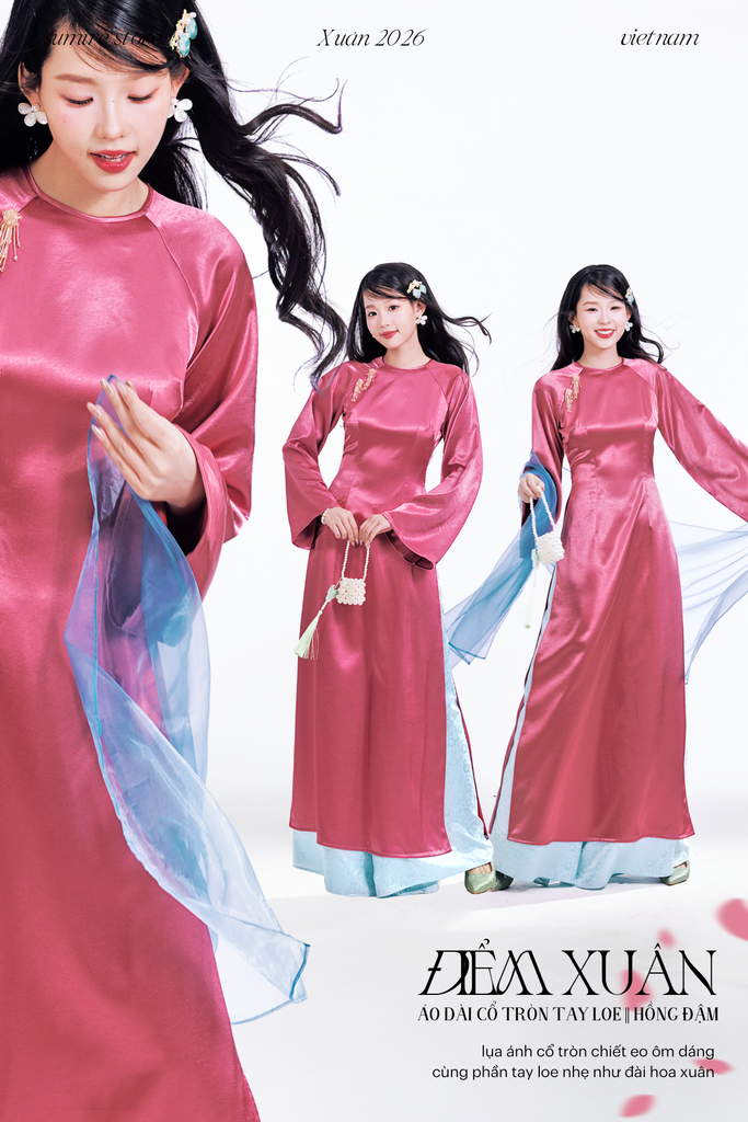 Áo dài cổ tròn Điểm Xuân - Hồng đậm