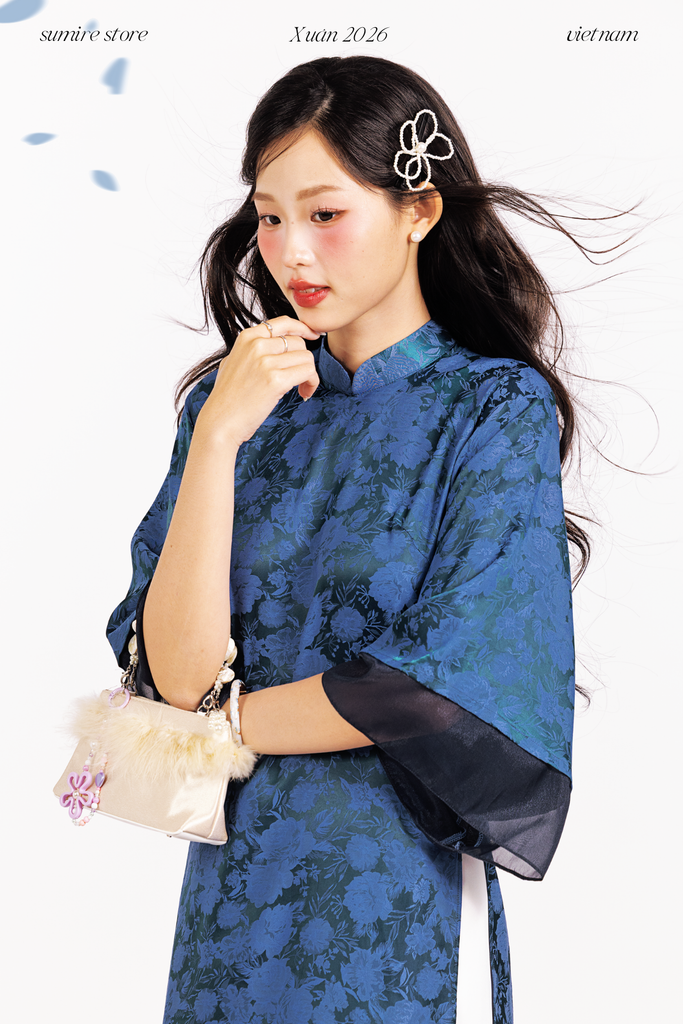 Áo dài gấm dáng suôn Yên Vân - Xanh navy