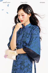 Áo dài gấm dáng suôn Yên Vân - Xanh navy