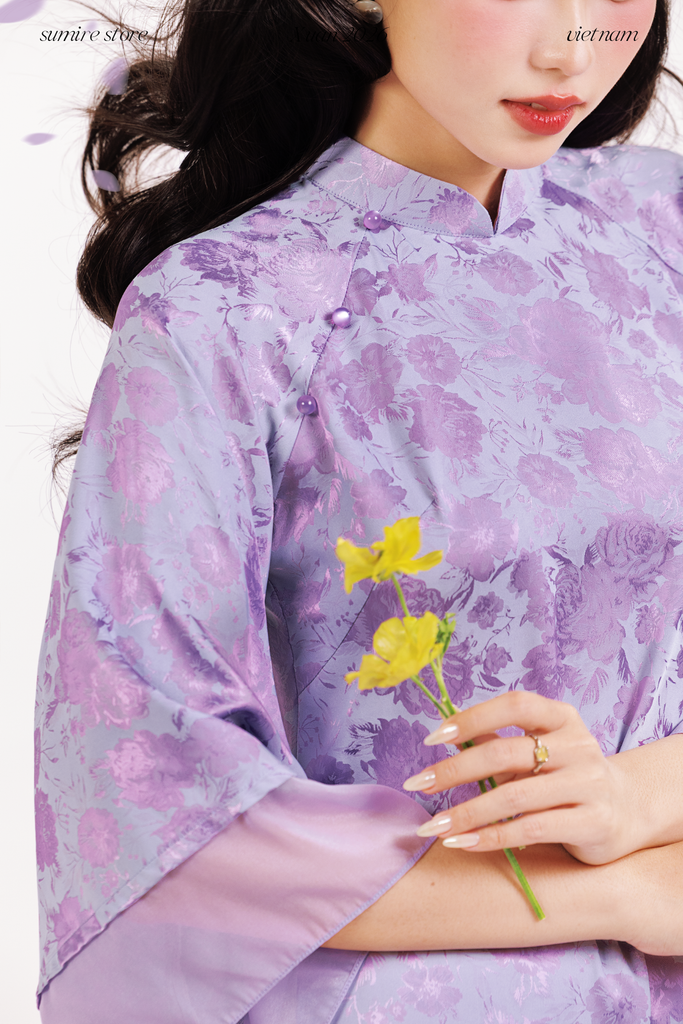 Áo dài gấm dáng suôn Yên Vân - Tím