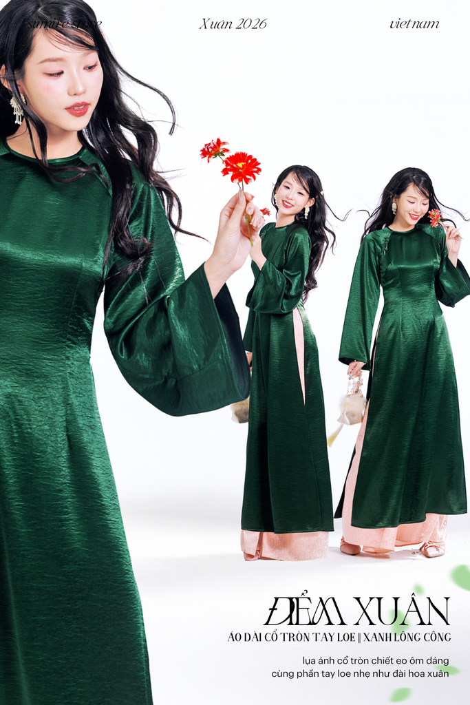 Áo dài cổ tròn Điểm Xuân - Xanh lông công