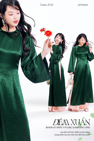 Áo dài cổ tròn Điểm Xuân - Xanh lông công