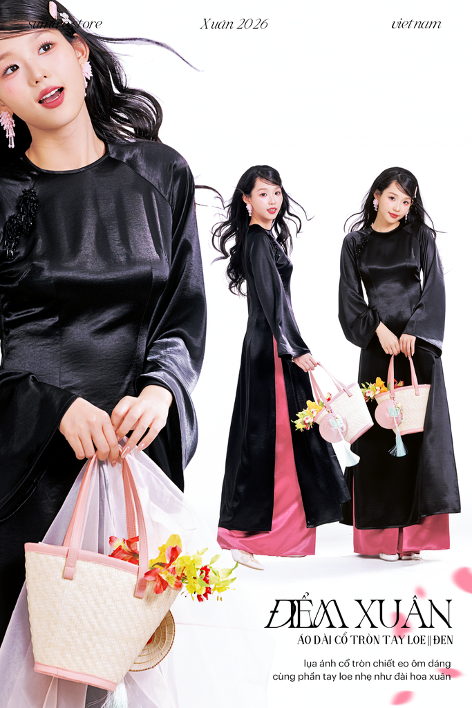 Áo dài cổ tròn Điểm Xuân - Đen