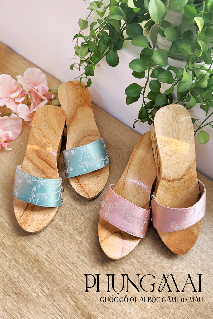 Guốc gỗ đế cao bọc gấm Phụng Mai