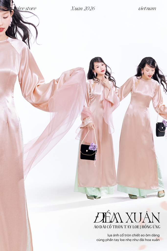 Áo dài cổ tròn Điểm Xuân - Hồng ửng