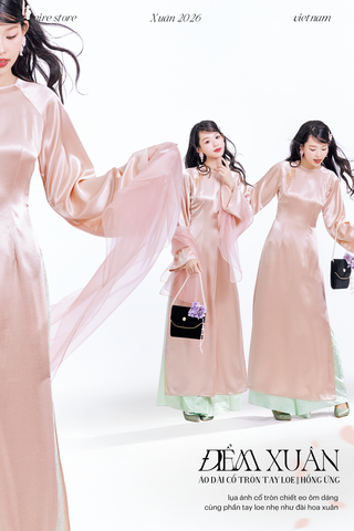 Áo dài cổ tròn Điểm Xuân - Hồng ửng