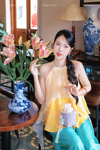 Áo yếm tơ nhũ Trà lụa - Vàng nắng