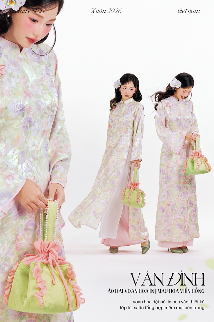Áo dài tơ hoa Vân Đình - Hoa viền hồng