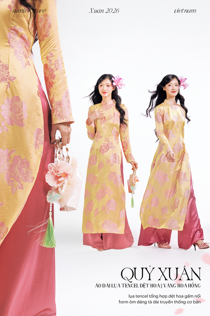 Áo dài Truyền thống Quý Xuân - Vàng hoa hồng