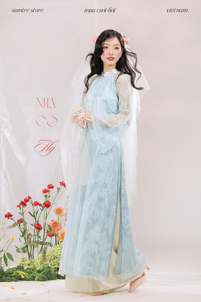 Áo dài dáng ôm ren kim sa Phúc Thiên Hương - Xanh lơ nhạt