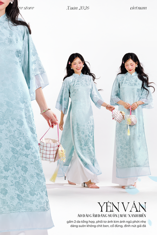Áo dài gấm dáng suôn Yên Vân - Xanh biển
