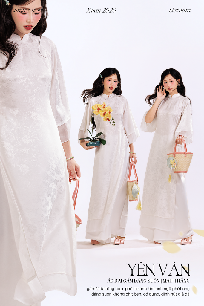 Áo dài gấm dáng suôn Yên Vân - Trắng