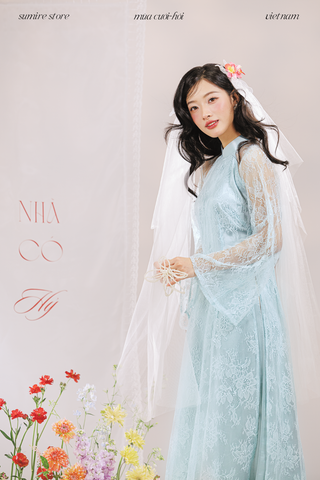 Áo dài dáng ôm ren kim sa Phúc Thiên Hương - Xanh lơ nhạt