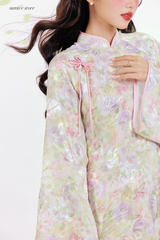 Áo dài tơ hoa Vân Đình - Hoa viền hồng