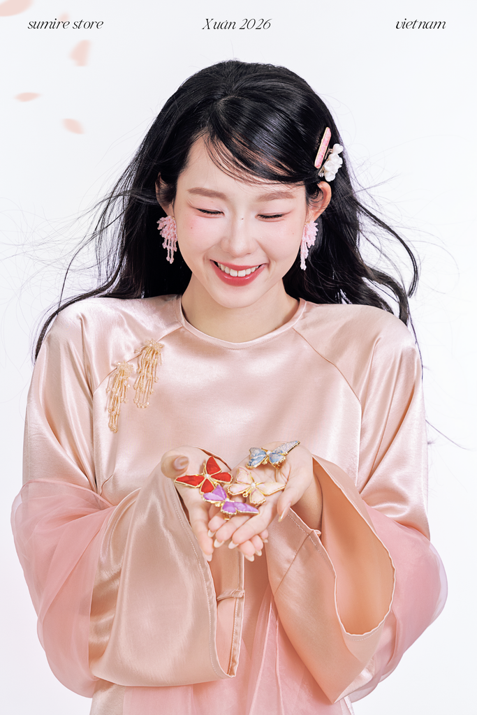 Áo dài cổ tròn Điểm Xuân - Hồng ửng