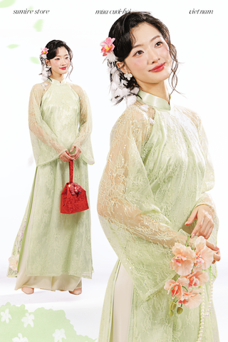 Áo dài dáng ôm ren kim sa Phúc Thiên Hương - Xanh cốm