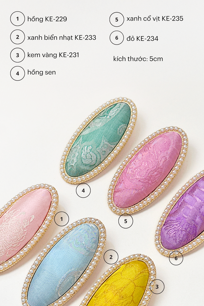 Kẹp tóc bọc lụa tơ tằm Gấm Tiên - Hình bầu dục viền ngọc