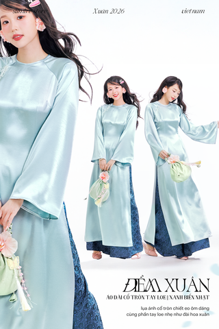 Áo dài cổ tròn Điểm Xuân - Xanh biển nhạt