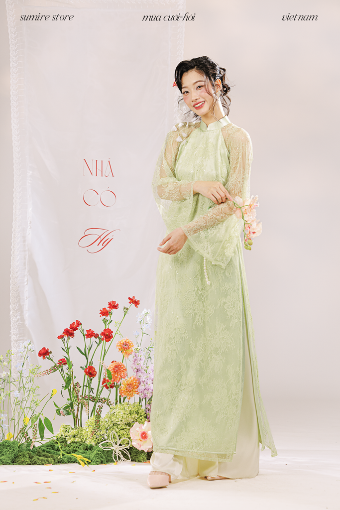 Áo dài dáng ôm ren kim sa Phúc Thiên Hương - Xanh cốm