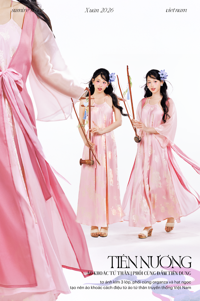 Đầm cổ yếm Tiên Dung - Hồng hoa ánh vàng