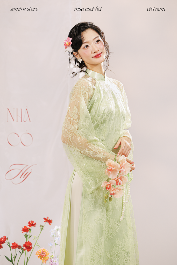Áo dài dáng ôm ren kim sa Phúc Thiên Hương - Xanh cốm