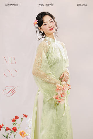 Áo dài dáng ôm ren kim sa Phúc Thiên Hương - Xanh cốm