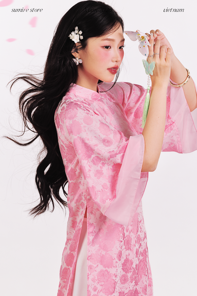 Áo dài gấm dáng suôn Yên Vân - Hồng sáng