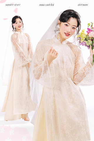 Áo dài dáng ôm ren kim sa Phúc Thiên Hương - Kem