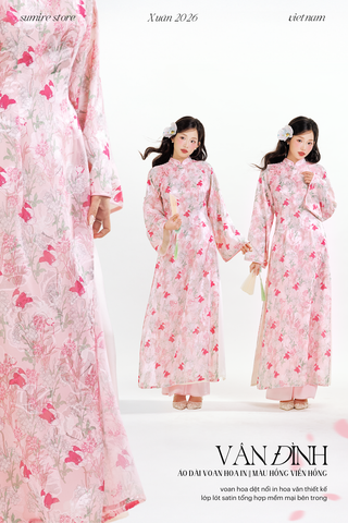 Áo dài tơ hoa Vân Đình - Hồng viền hồng