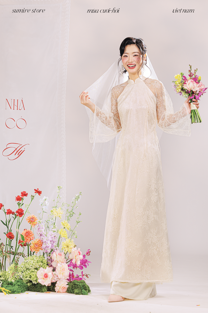 Áo dài dáng ôm ren kim sa Phúc Thiên Hương - Kem