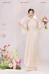 Áo dài dáng ôm ren kim sa Phúc Thiên Hương - Kem