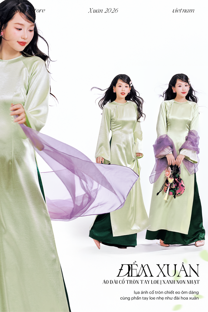 Áo dài cổ tròn Điểm Xuân - Xanh non nhạt